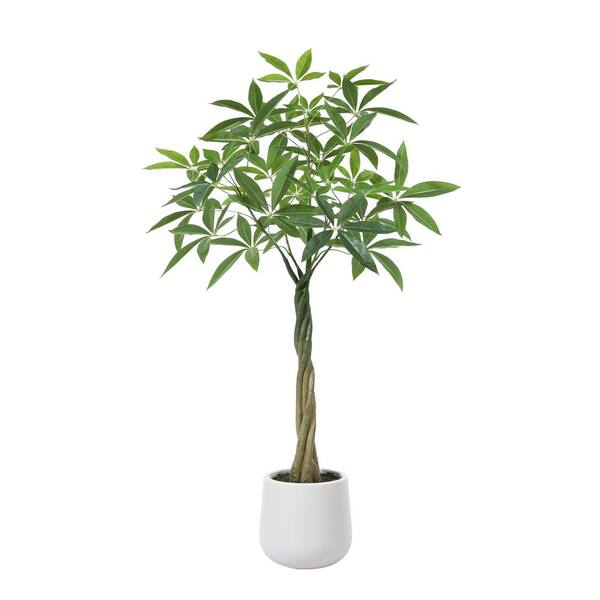 DR.Planzen 4 ft. Artificial Ficus Tree with Round White Planter, Pre Potted Faux Money Tree for Home Decor