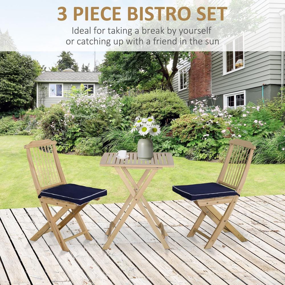 Dark Blue Pine Wood Folding Patio Bistro Set with Cushions