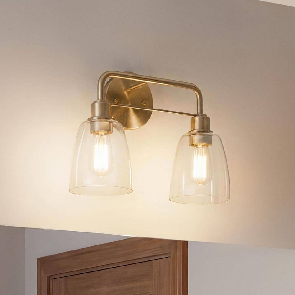 Meller 15.25 in. 2-Light Champagne Bronze Vintage Bathroom Vanity Light with Clear Glass