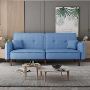 Blue Fabric Futon Sofa Bed for Living Room with Solid Wood Leg