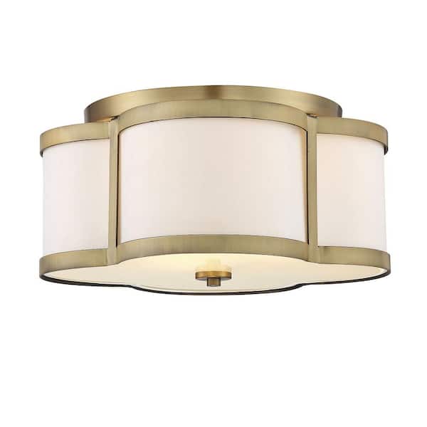 Savoy House Lacey 16 in. W x 8 in. H 3-Light Warm Brass Semi-Flush Mount Ceiling Light with White Fabric Shade