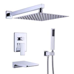 2-Spray 12 in. Square Rain Shower Head with Hand Shower and Waterfall Tub Faucet in Chrome (Valve Included)