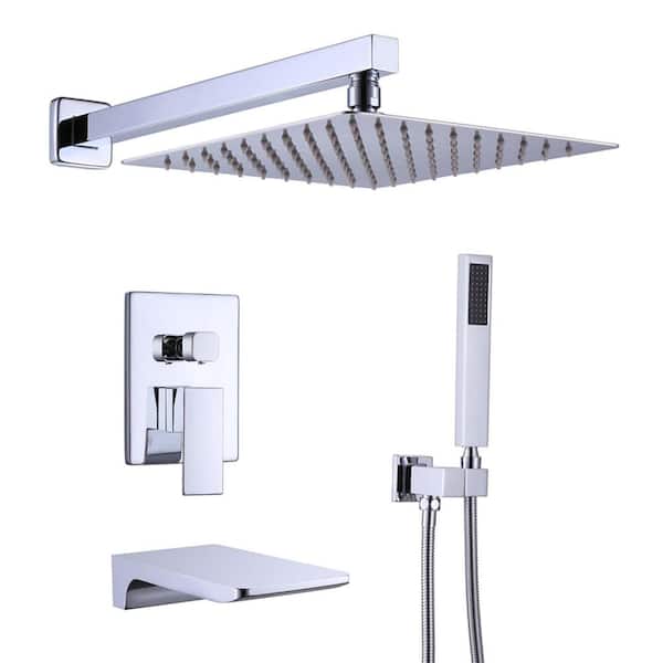 GIVING TREE 2-Spray 12 in. Square Rain Shower Head with Hand Shower and Waterfall Tub Faucet in Chrome (Valve Included)