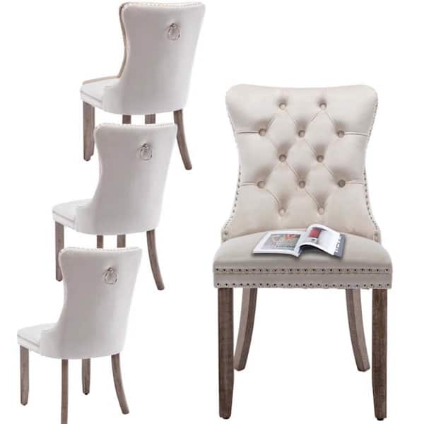 WONDER COMFORT Modern Beige Velvet Dining Chairs Set of 4, Tufted Upholstered Wing Back Chairs with Back Ring Pull, Nailhead Trim