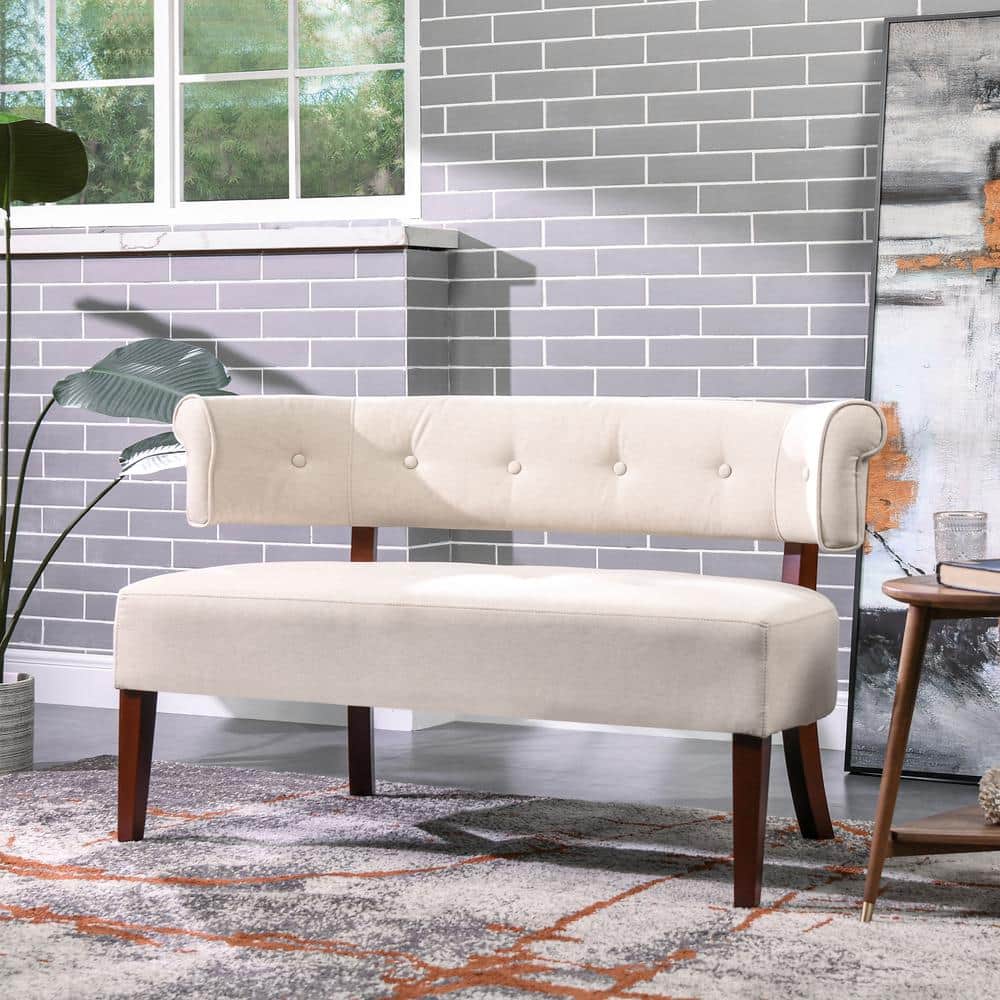 Jared Cream Tufted Pine Wood Roll Arm Settee Bench