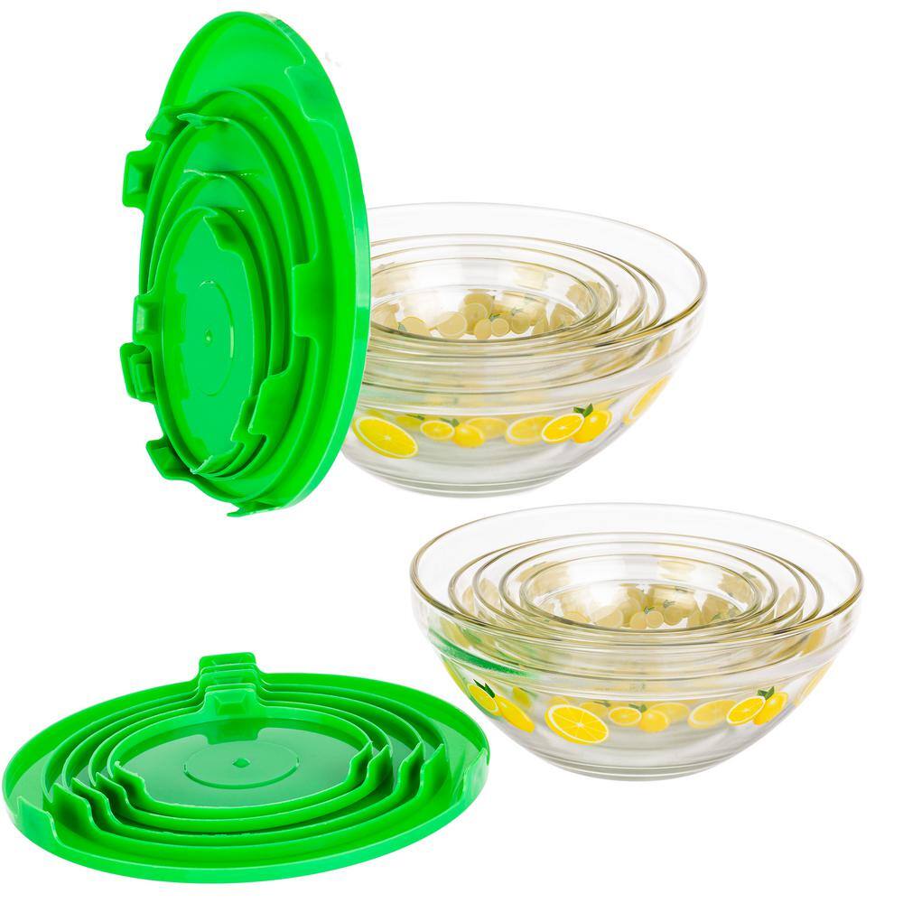 20-Piece Lemon Design Glass Bowls with Green Lids Set