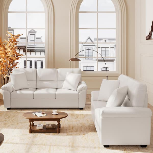 2-Pieces Garrin Modern Couch Cream White Faux Leather Living Room Set Loveseat and Sofa with Pillows