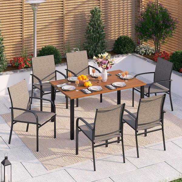 PHI VILLA Black 7-Piece Metal Outdoor Patio Dining Set with Wood-Look Rectangle Table and Brown Textilene Chairs
