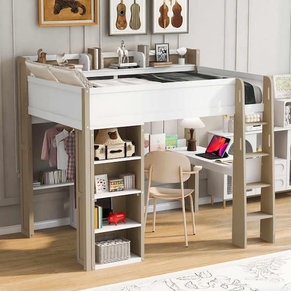 White/Natural Full Wood Loft Bed with Built-in Storage Shelves, Clothes Rails and Desk