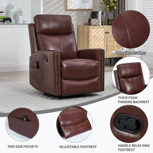 aisword Wine Red Genuine Leather Manual Swivel Recliner Rocker
