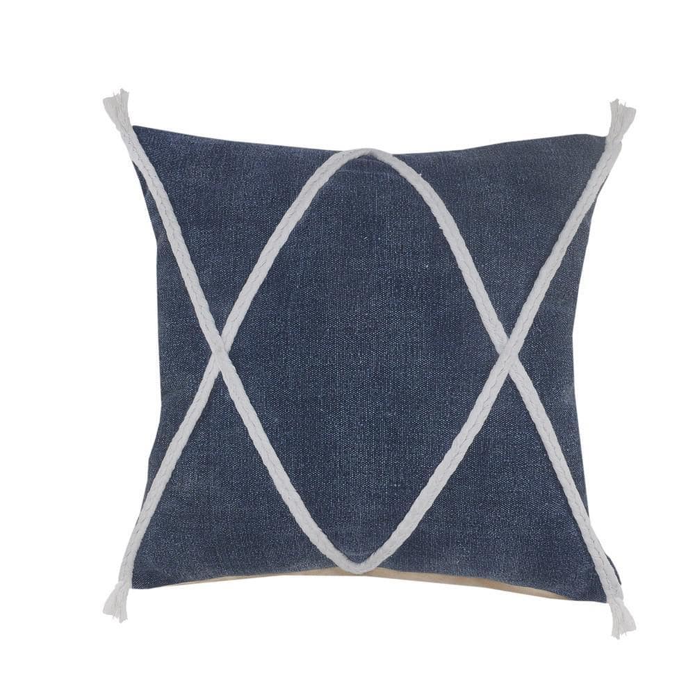 Loop Denim Blue/White Geometric Braided Tasseled Soft Poly-Fill 20 in. x 20
