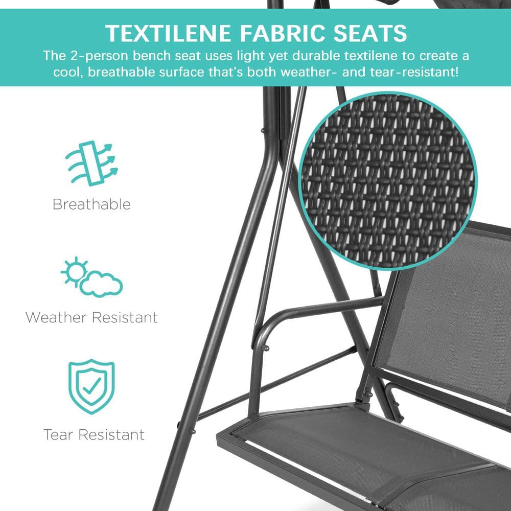 Gray Steel Frame 2-Seater Patio Swing with Adjustable Canopy