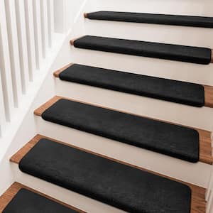 Black 9.5 in. x 30 in. x 1.2 in. Bullnose Plush Indoor Stair Tread Cover Tape Free Non-slip Carpet Set of 14