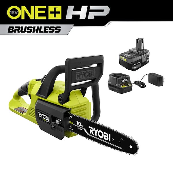 RYOBI ONE+ HP 18V Brushless 10 in. Battery Chainsaw with 4.0 Ah Battery and Charger