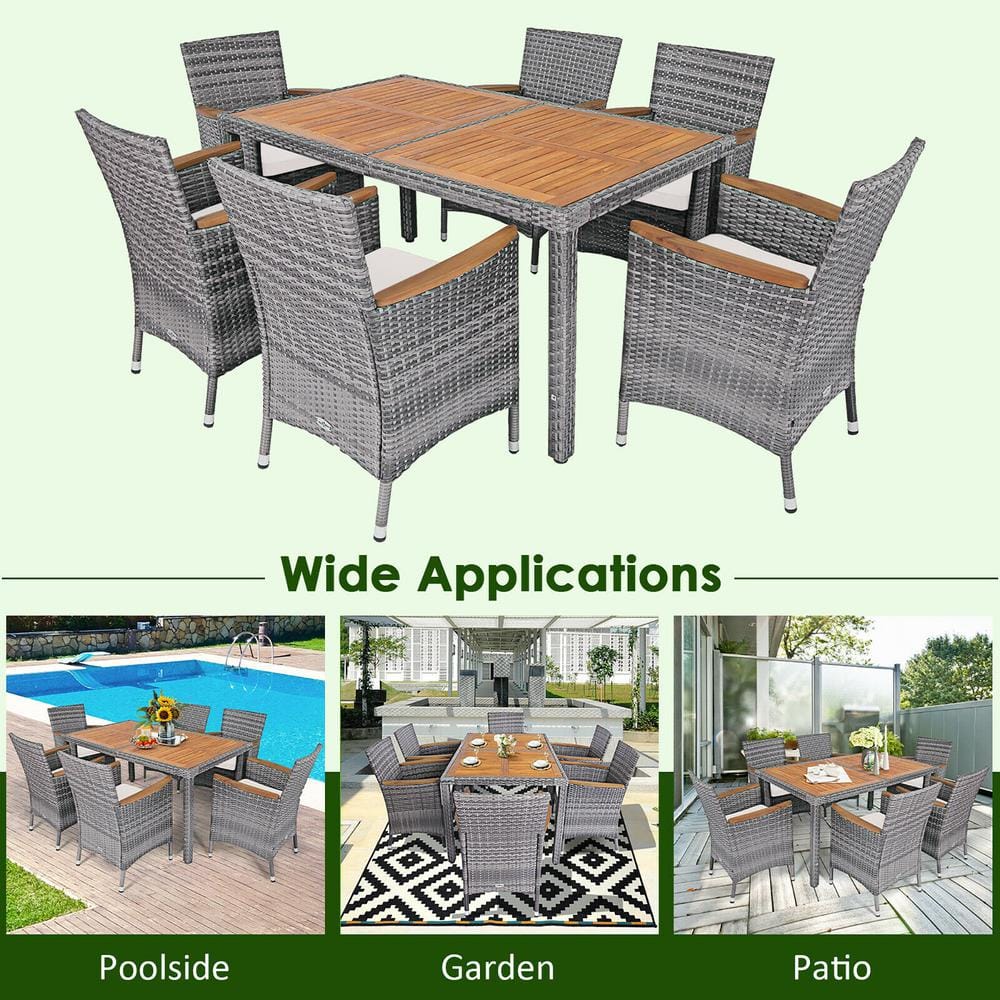 Gray and Beige 6-Person Rattan Dining Set with Acacia Wood Table