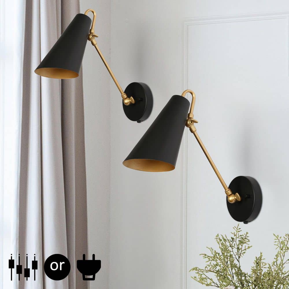 Zevni Plug-In or Hardwired DIY Wall Sconce, 1-Light Modern Black