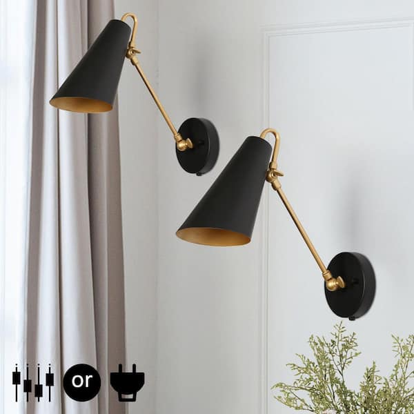 Plug-In or Hardwired DIY Wall Sconce, 1-Light Modern Black Wall Sconce Lighting, Farmhouse Gold Swing Arm Wall Lamp