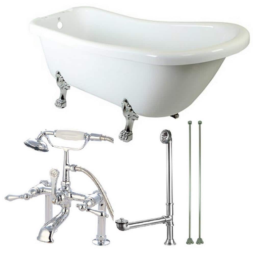 Slipper 5.6 ft. Acrylic Clawfoot Bathtub in White and Faucet Combo in Chrom