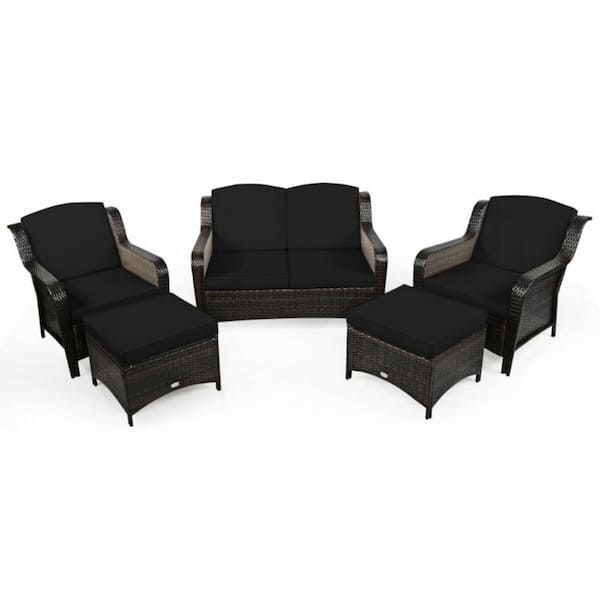 5-Piece Wicker Outdoor Sectional Set with Black Cushions
