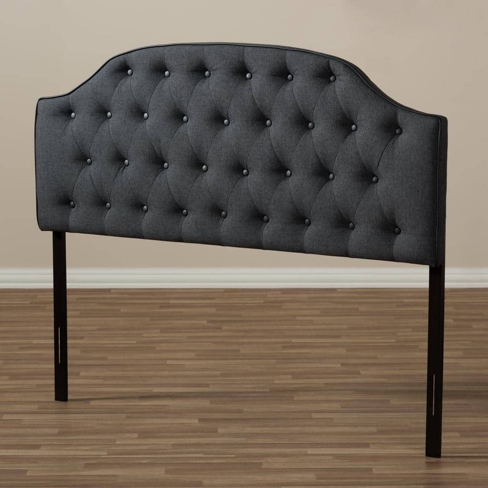 Dark Gray Tufted Upholstered Queen Headboard with Faux Leather Buttons