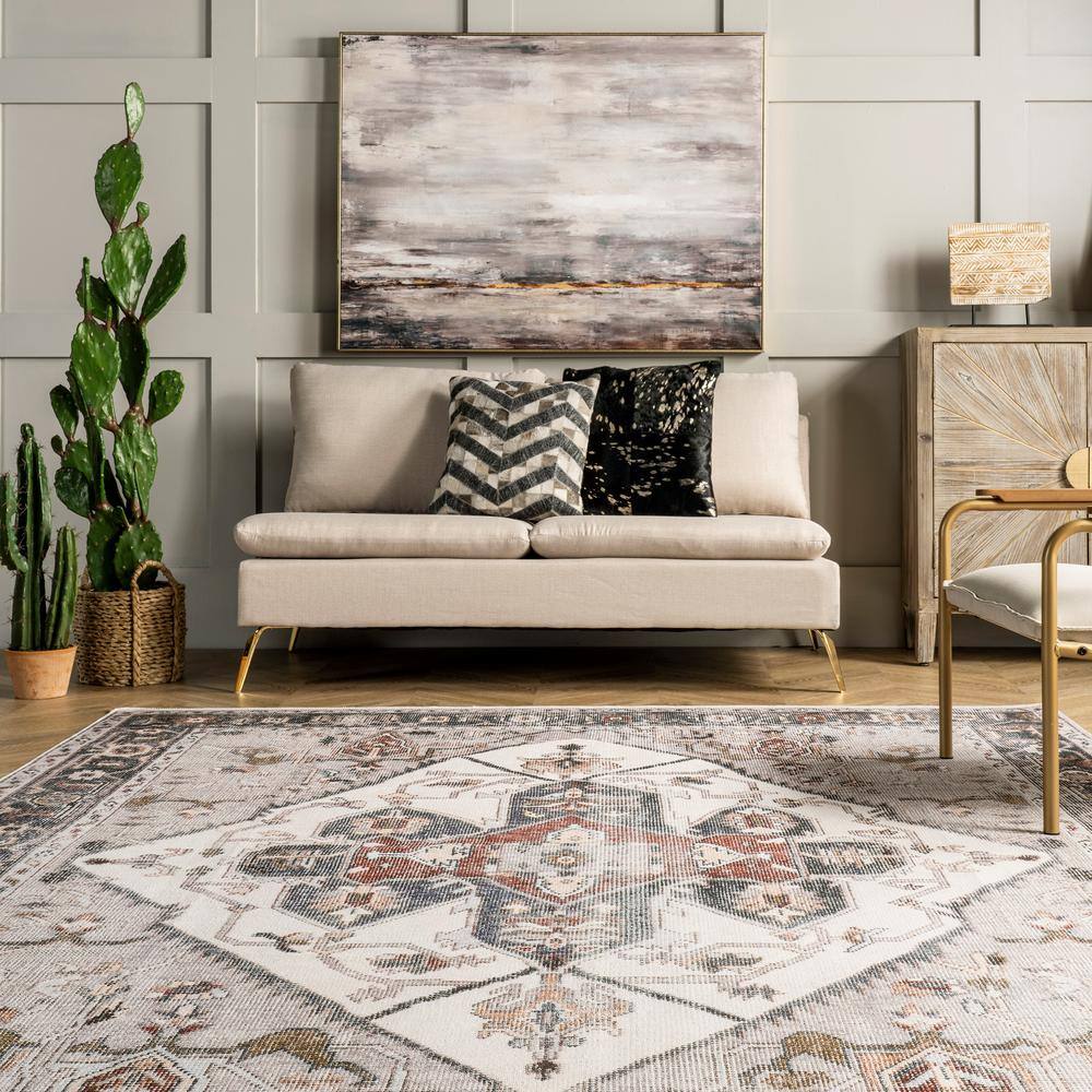 Ivory 8' x 10' Synthetic Medallion Washable Area Rug