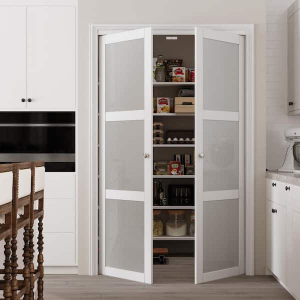 ARK DESIGN 48 in. x 80 in. Frosted Glass Solid Core MDF Bi-fold Door Plus French Style Pivot Hardware (3-Lite White Finish)