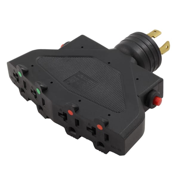 AC WORKS Generartor Power Distribution Adapter 4-Prong 30 Amp Locking Plug to (4) 5-15/20 20 Amp T-Blade Household with Breaker