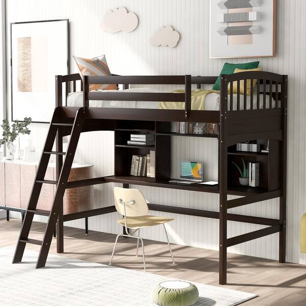 Harper & Bright Designs Espresso Wood Twin Size Loft Bed with Storage ...