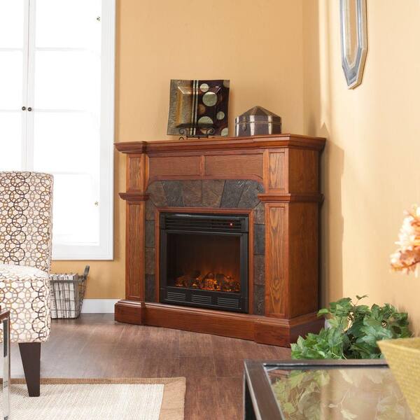Southern Enterprises Cartwright 46 in. Convertible Electric Fireplace in Mission Oak with Faux Slate