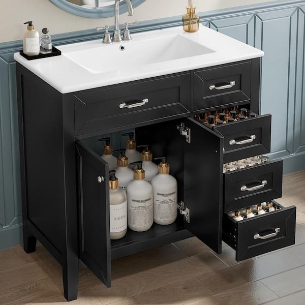 36 in. W x 18 in. D x 36 in. H Freestanding Bath Vanity in Black with White Ceramic Top