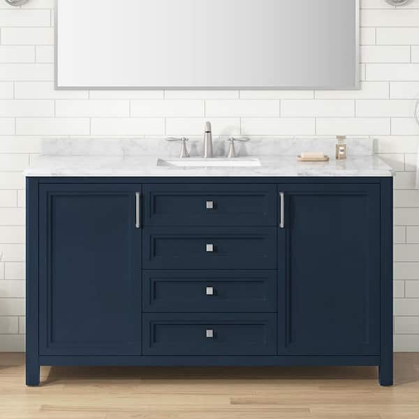 Home Decorators Collection Sandon 60 in. Single Sink Midnight Blue Bath Vanity with Carrara Marble Top (Assembled)