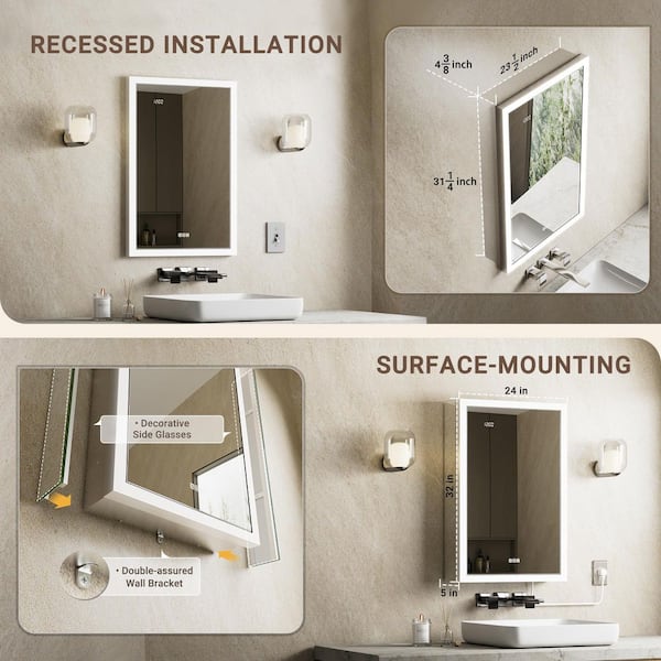Elega 24 in. W x 32 in. H Rectangular Aluminum Recessed/Wall Mount Dimmable Fogless Lighted Medicine Cabinet with Mirror