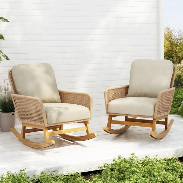 Wood Outdoor Rocking Chair with Beige Cushions