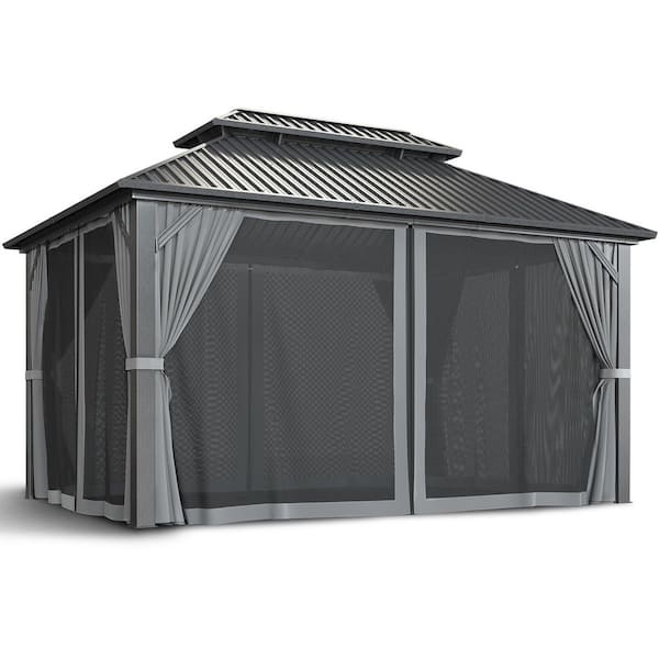 VIWAT 10 ft. x 14 ft. Hardtop Gazebo with Aluminum Frame, Galvanized Steel Double Roof Gazebo with Nettings and Curtains