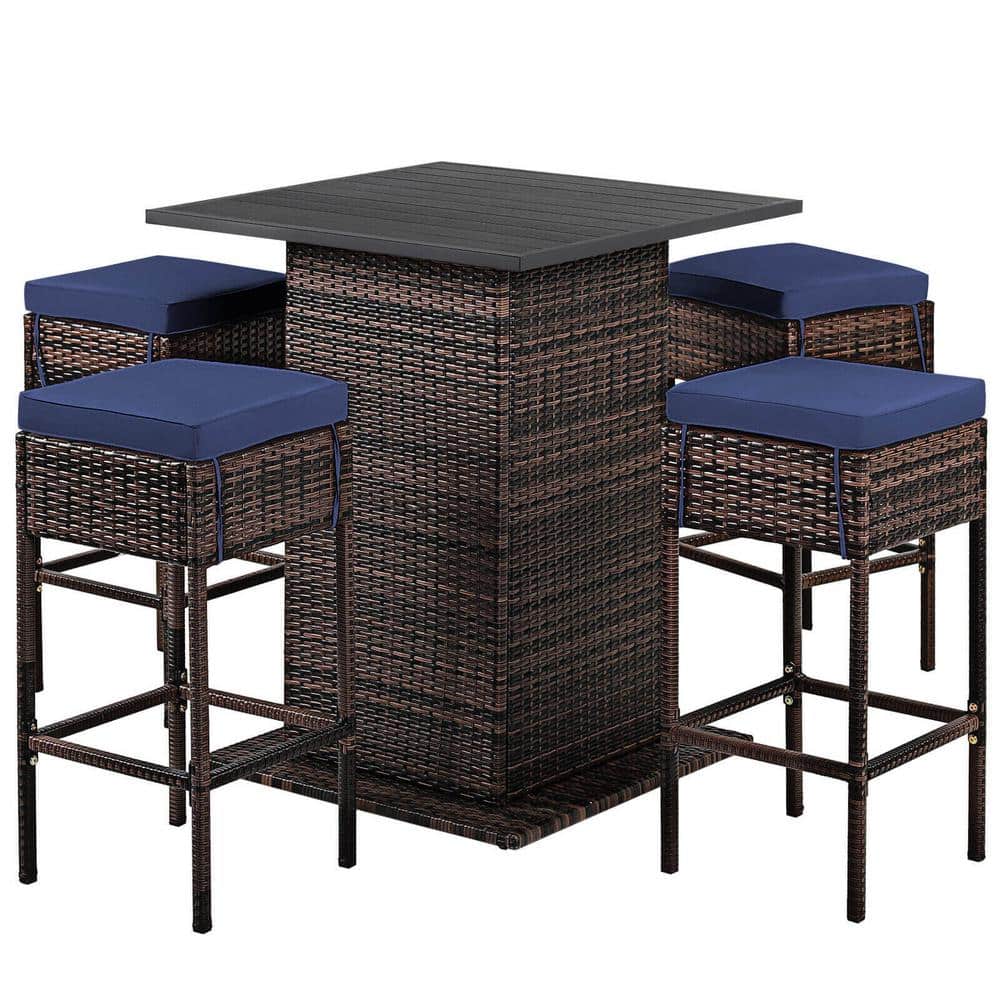 5-Piece Wicker Outdoor Serving Bar Set with Storage Shelf Navy Cushioned