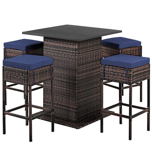 ANGELES HOME 5-Piece Wicker Outdoor Serving Bar Set with Storage Shelf Navy Cushioned