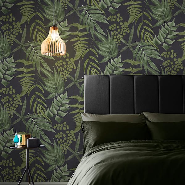 Midsummer Fern Black and Green Tropical Leaves Paste the Wall Wallpaper