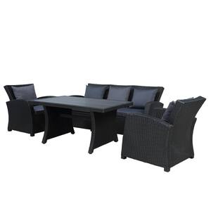 4-Piece Black Wicker Conversation Set with Dark Grey Cushions