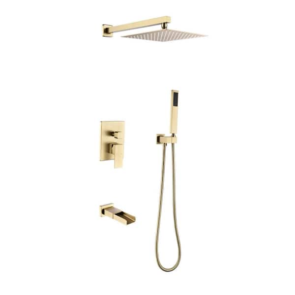 Single Handle 3-Spray Square High-Pressure Tub Shower Faucet in Brushed Gold Valve Included