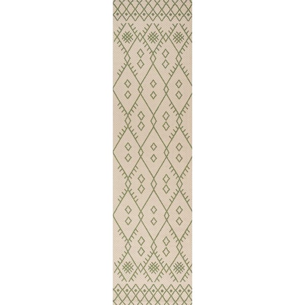 Boho Moroccan Indoor/Outdoor Beige/Green 2 ft. x 10 ft. Runner Rug