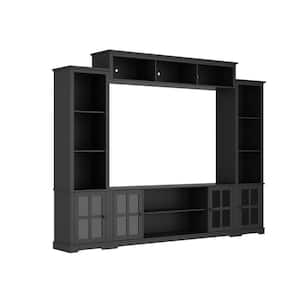 Entertainment Wall Unit with Bridge, Modern Console Table, TV Stand Fits TV's up to 66 in., with Glass Door, Black