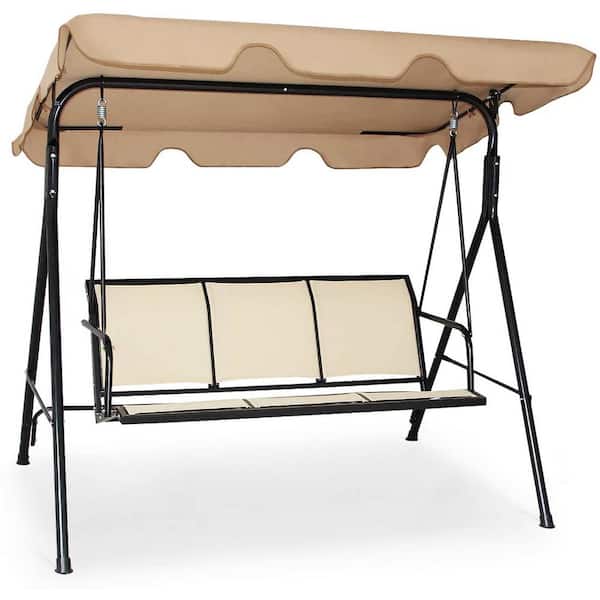 SKONYON 3-Person Brown Metal Outdoor Patio Swing Chair with Strong Textilence Seats