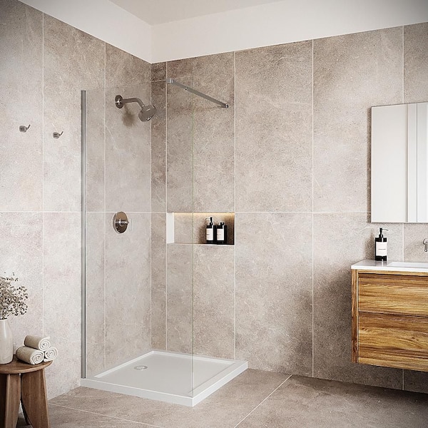 Basento 34x76 in. Semi-Frameless Fixed Panel,Crystal Tech Treated 5/16 in. Tempered,Clear Glass,Polished Chrome Hardware