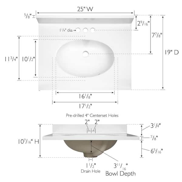 25 in. W x 19 in. D Cultured Marble Vanity Top in Solid White with Solid White Basin with 4 in. Faucet Centerset