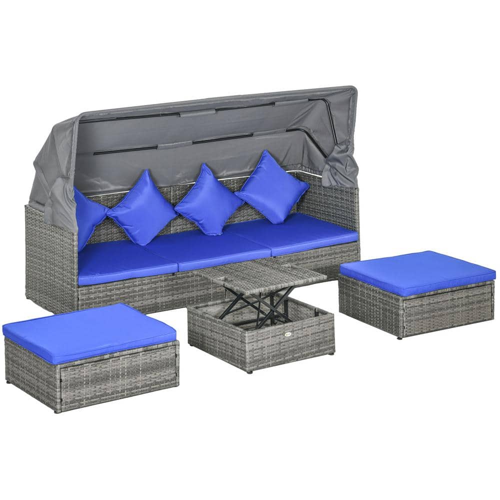 Dark Blue 6-Person Adjustable Canopy Outdoor Rattan Sofa Set