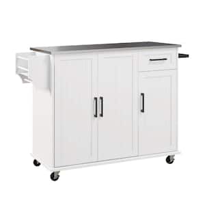 White Wood 50.50 in. Kitchen Island with rawer, 3 Cabinets, Stainless Steel Countertop, Spice Rack and Towel Rack