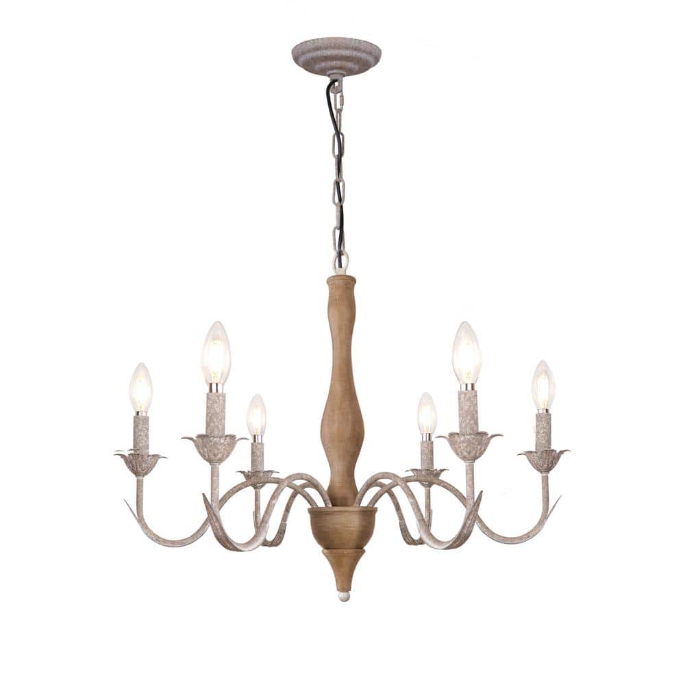6Light Retro White Wood Farmhouse Chandelier 26.37 in. for Dining Room