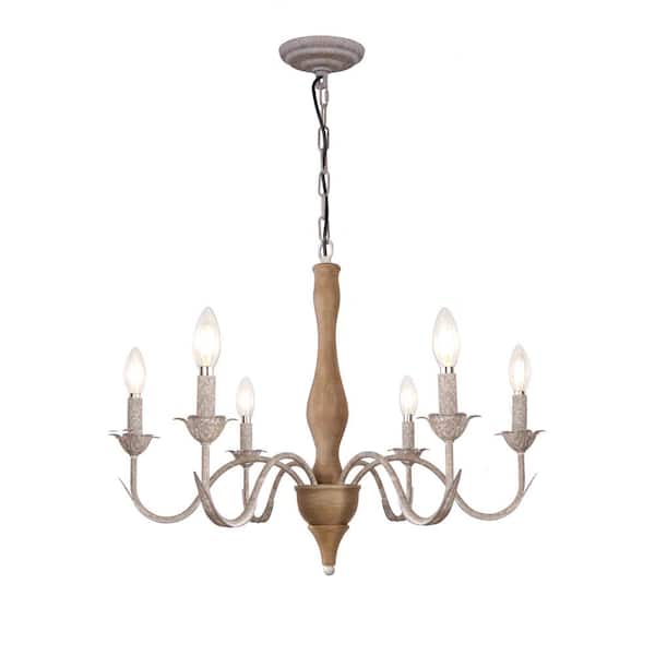 Unbranded 6-Light Retro White Wood Farmhouse Chandelier 26.37 in. for Dining Room Kitchen Island Living Room