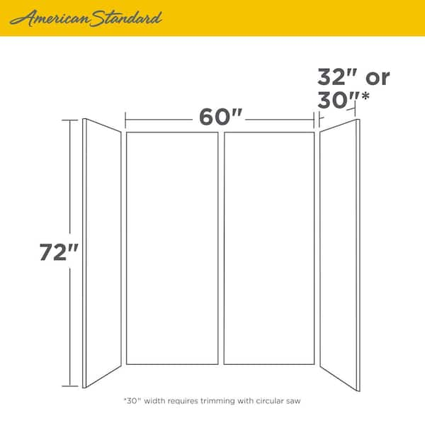 American Standard Passage 32 in. x 60 in. x 72 in. 4-Piece Glue-Up Alcove Shower  Wall in White Su…