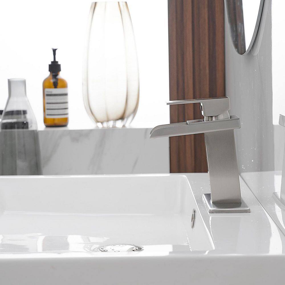 Brushed Nickel Single-Handle Waterfall Bathroom Faucet with Pop-Up Drain